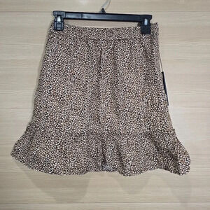 NWT Tahari Size XS 100% Linen Flared Mini Skirt Brown Animal Print Ruffled‎ Hem